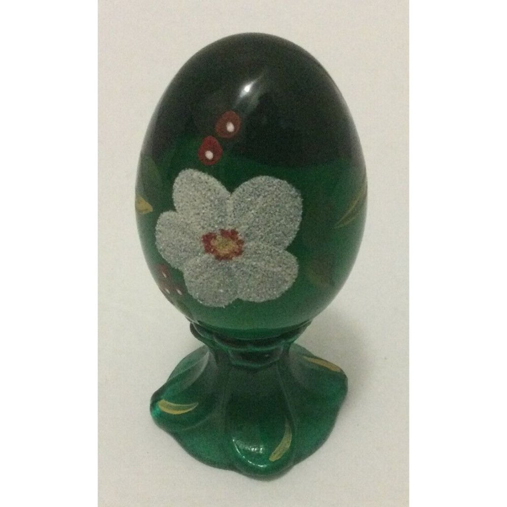 Fenton Green Glass Egg with White Floral Detail